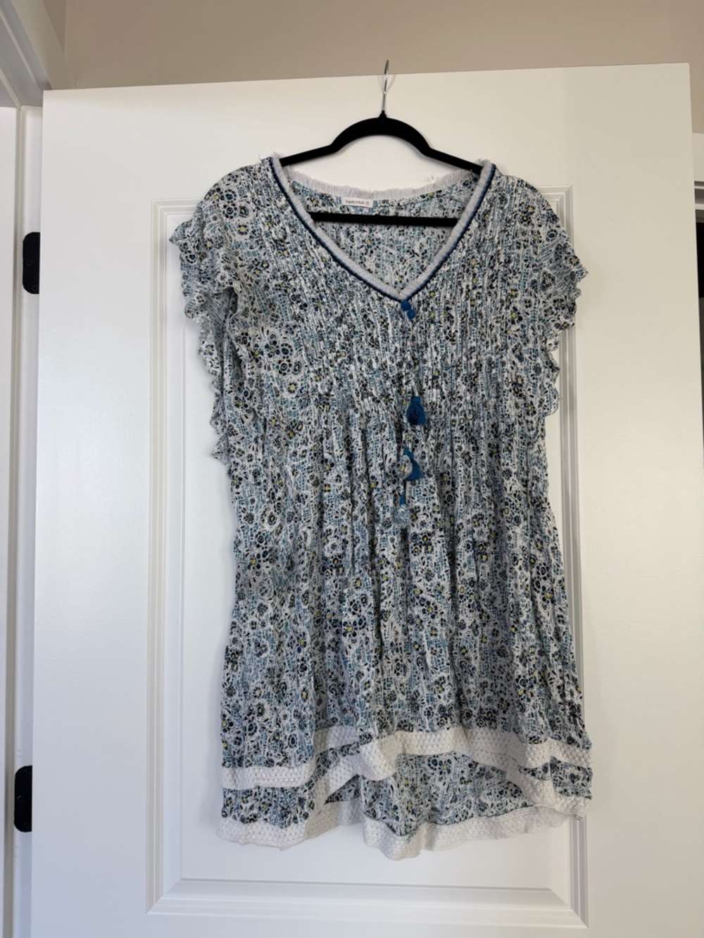 Poupette St. Barth Light Blue Floral V-Neck Mini Dress with Tassels